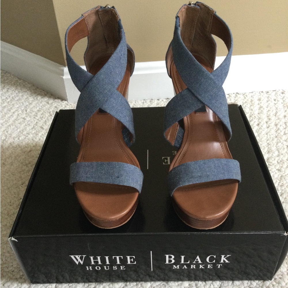 White House Black Market Blue Denim Wedge Sandals - Picture 2 of 6